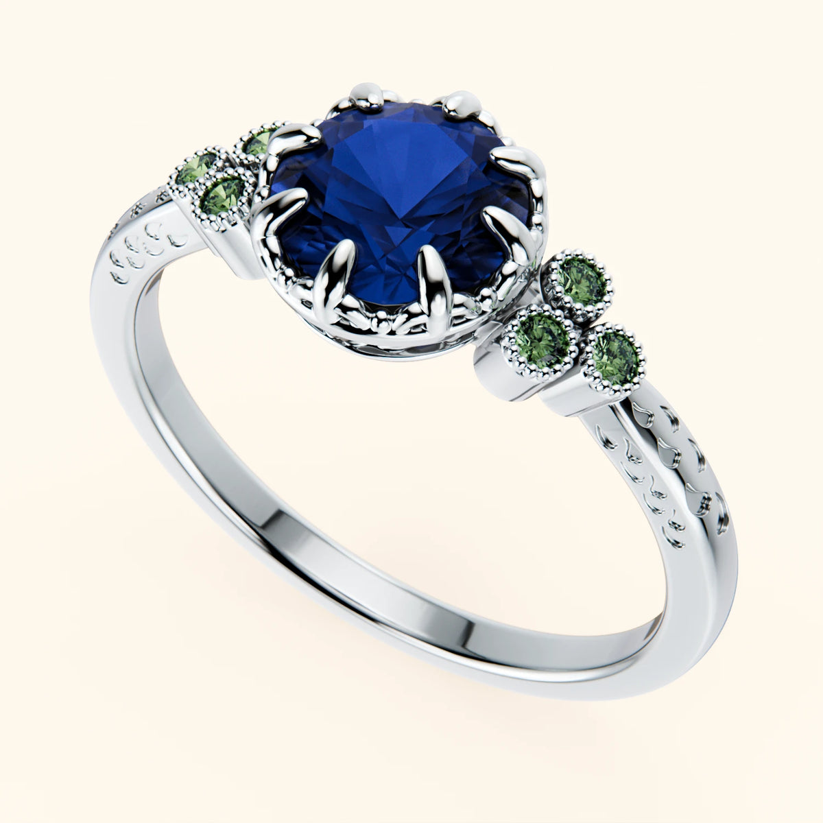 Engagement Ring Clarté - 1.10ct Natural Blue Sapphire with Lab Green Diamond Side Stones