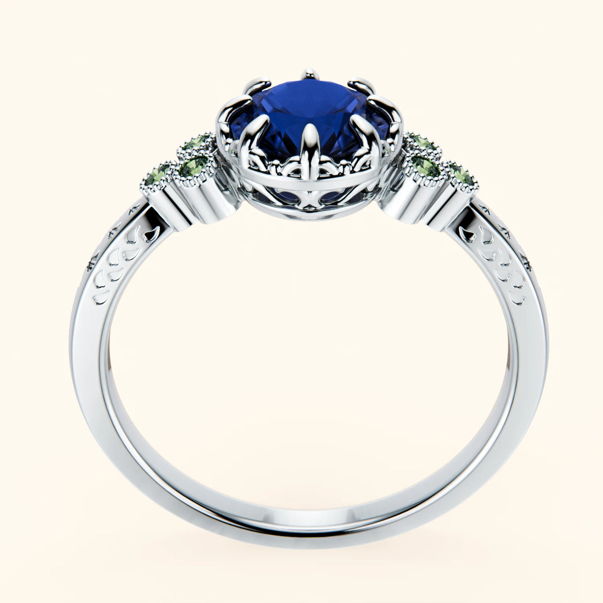 Engagement Ring Clarté - 1.10ct Natural Blue Sapphire with Lab Green Diamond Side Stones