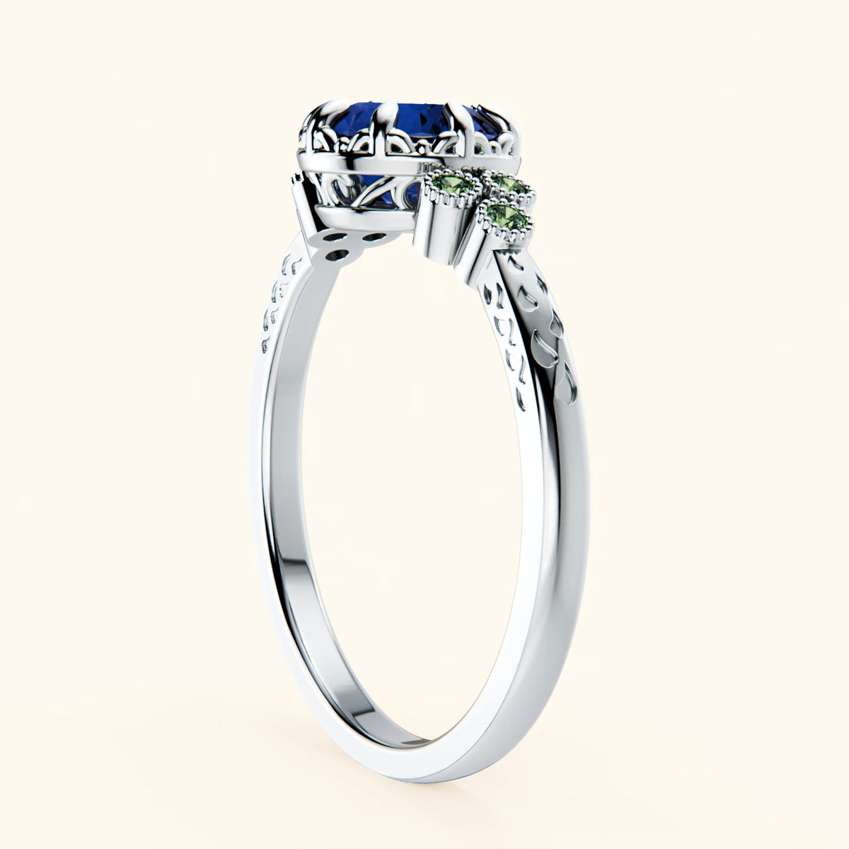 Engagement Ring Clarté - 1.10ct Natural Blue Sapphire with Lab Green Diamond Side Stones