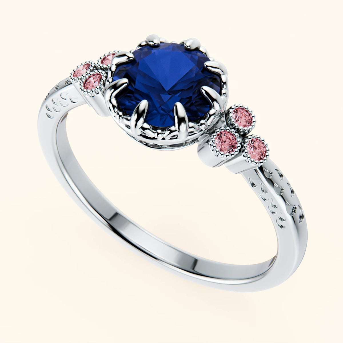 Engagement Ring Clarté - 1.10ct Natural Blue Sapphire with Lab Pink Diamond Side Stones