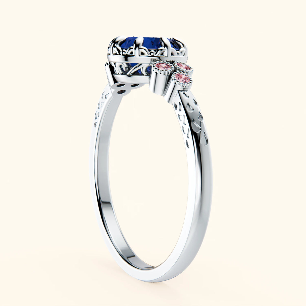 Engagement Ring Clarté - 1.10ct Natural Blue Sapphire with Lab Pink Diamond Side Stones