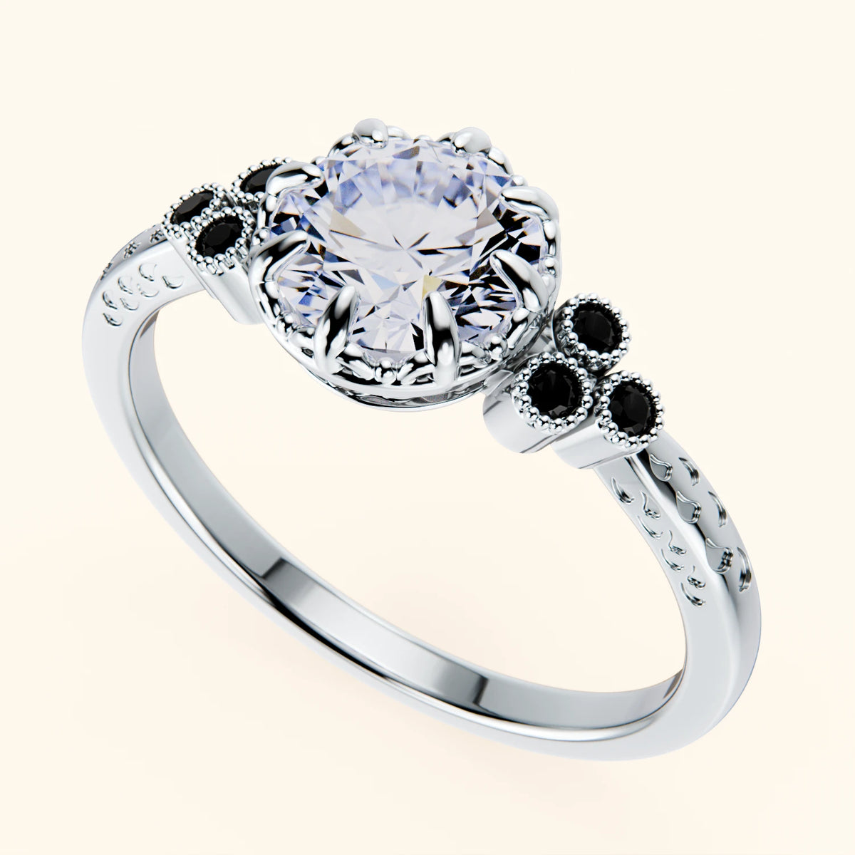 Engagement Ring Clarté - 1ct Natural Diamond with Black Diamond Side Stones