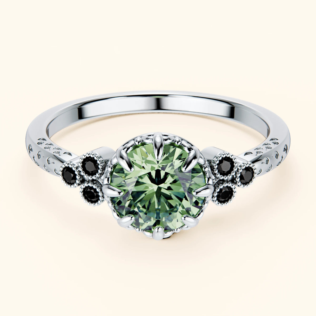 Engagement Ring Clarté - 1ct Lab Green Diamond with Black Diamond Side Stones