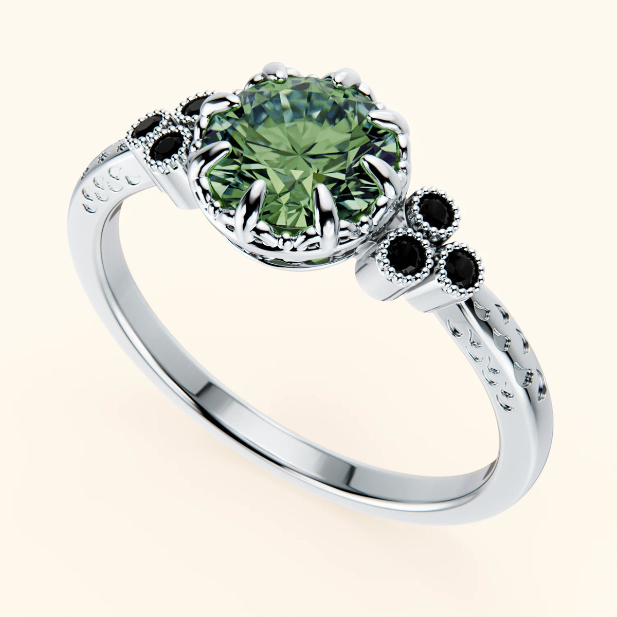 Engagement Ring Clarté - 1ct Lab Green Diamond with Black Diamond Side Stones