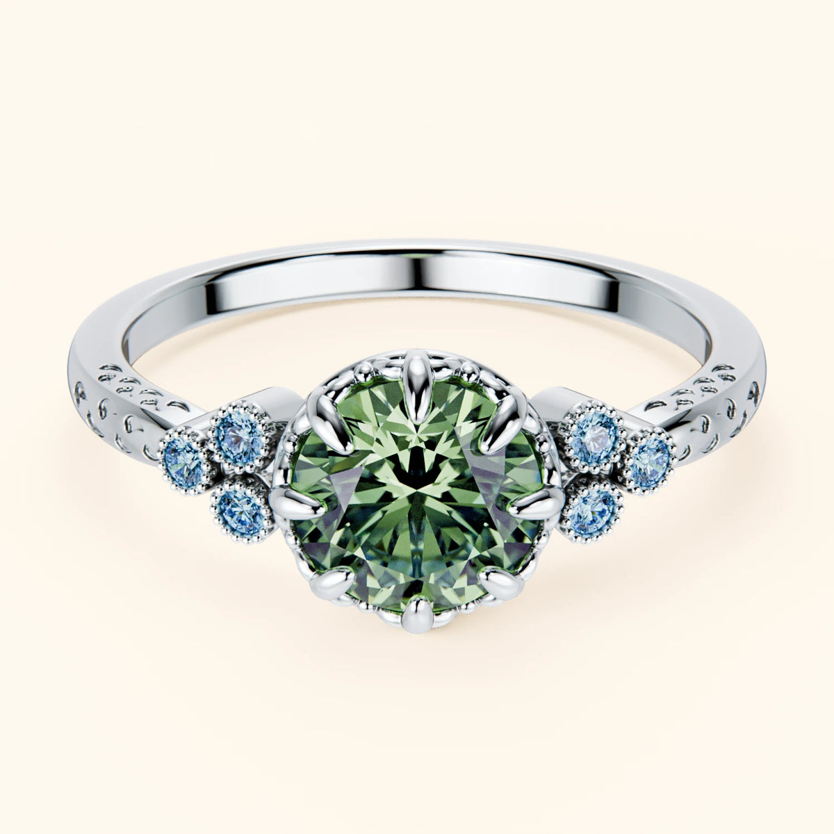 Engagement Ring Clarté - 1ct Lab Green Diamond with Lab Blue Diamond Side Stones