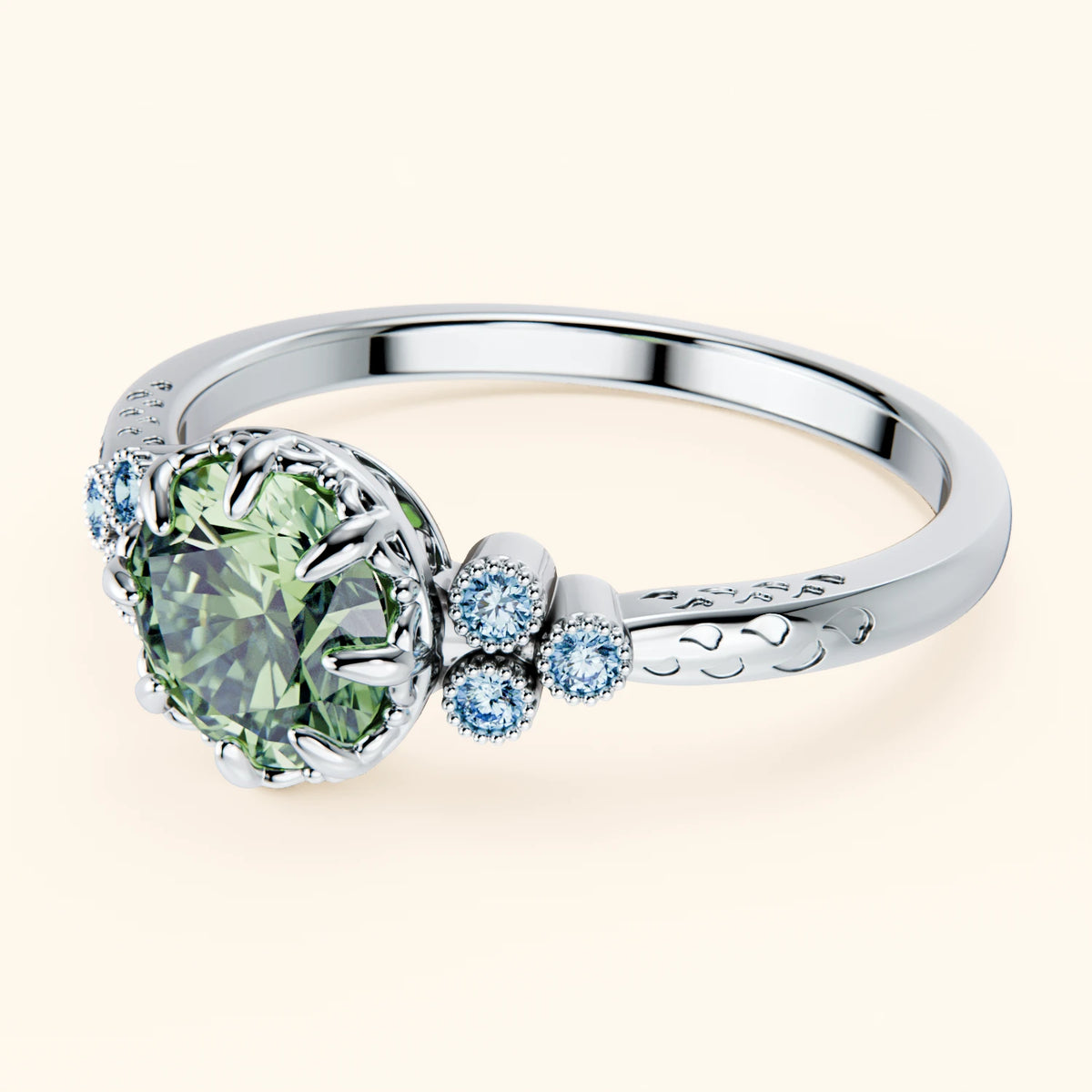 Engagement Ring Clarté - 1ct Lab Green Diamond with Lab Blue Diamond Side Stones