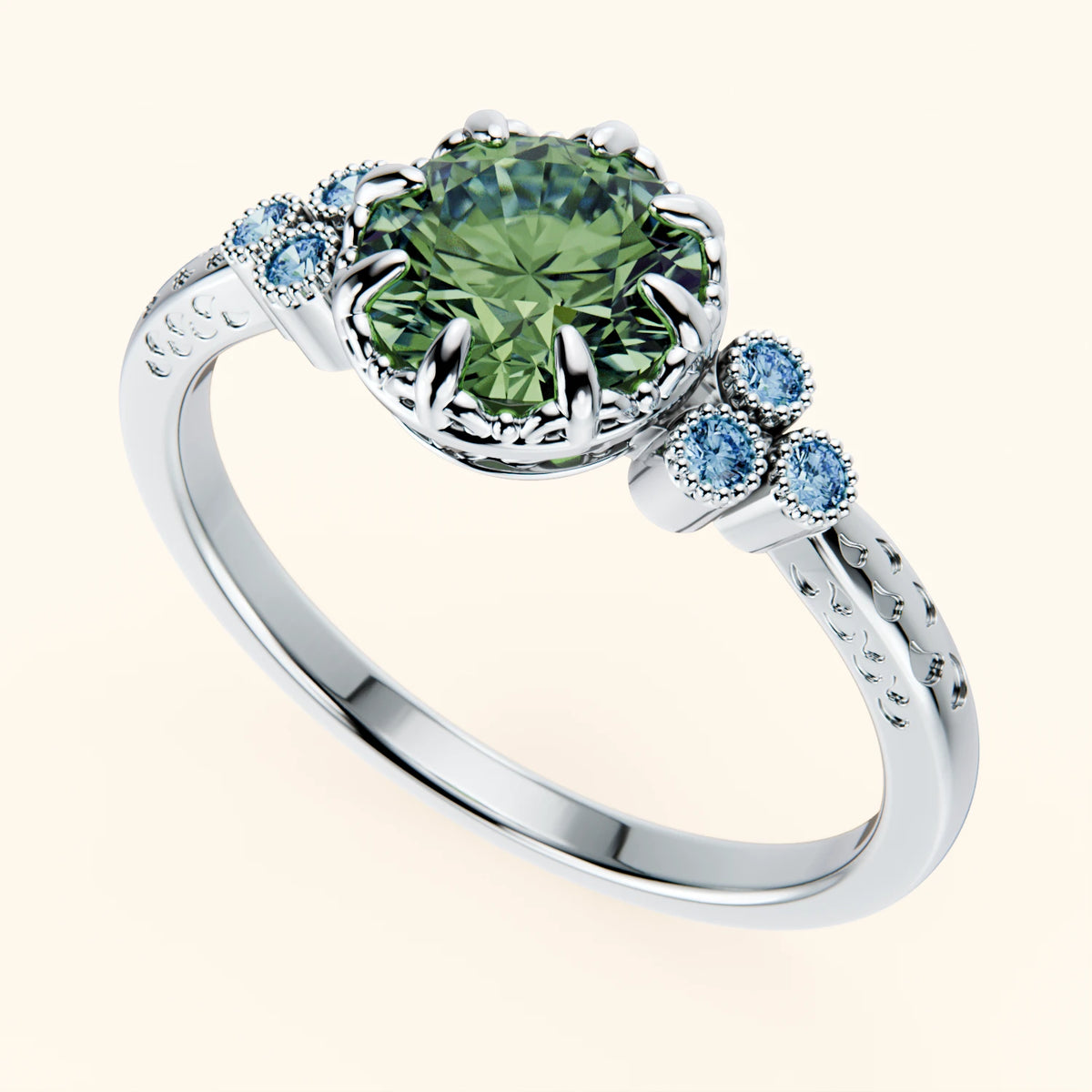 Engagement Ring Clarté - 1ct Lab Green Diamond with Lab Blue Diamond Side Stones