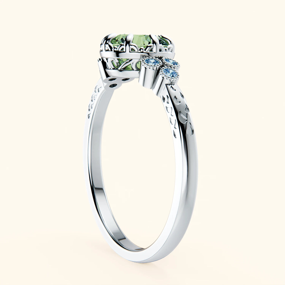 Engagement Ring Clarté - 1ct Lab Green Diamond with Lab Blue Diamond Side Stones
