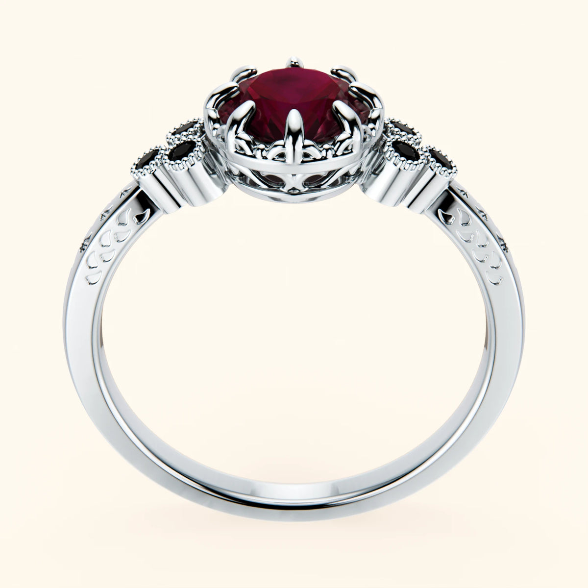 Pierścionek zaręczynowy Clarté – Rubin naturalny 1,10 ct, kamienie boczne: czarny diament