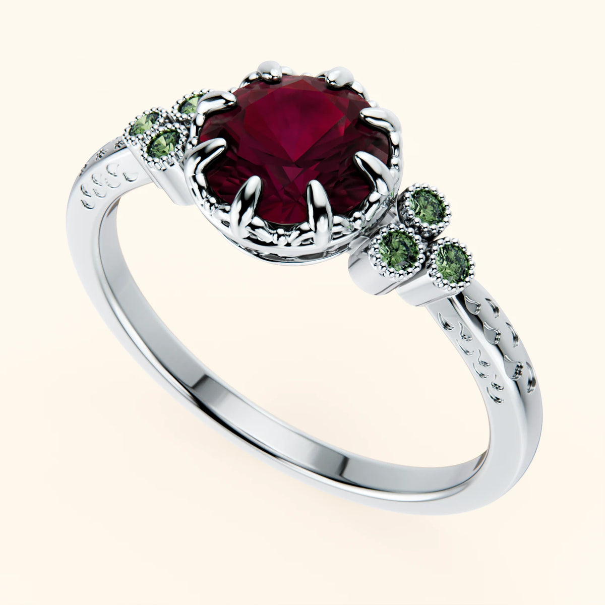 Engagement Ring Clarté - 1.10ct Natural Ruby with Lab Green Diamond Side Stones