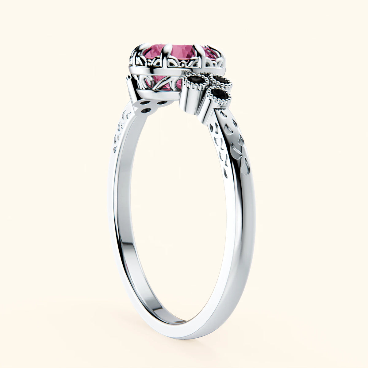 Engagement Ring Clarté - 1.10ct Natural Pink Sapphire with Black Diamond Side Stones