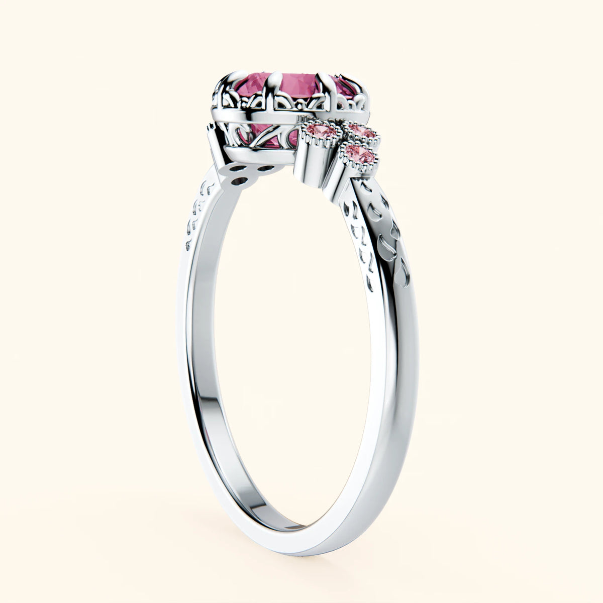 Pierścionek zaręczynowy Clarté – Różowy szafir naturalny 1,10 ct, kamienie boczne: różowy diament laboratoryjny
