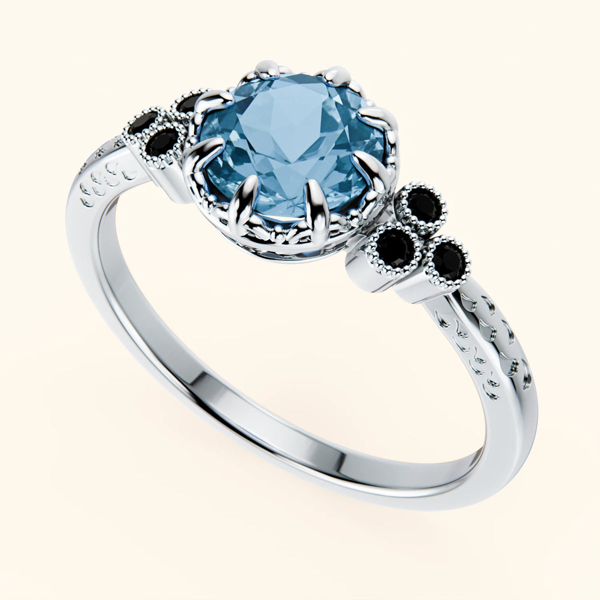 Pierścionek zaręczynowy Clarté – Topaz Swiss Blue 0,85 ct, kamienie boczne: czarny diament