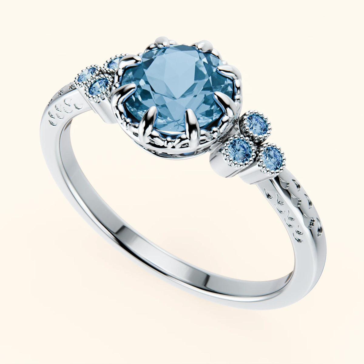 Pierścionek zaręczynowy Clarté – Topaz Swiss Blue 0,85 ct, kamienie boczne: niebieski diament laboratoryjny