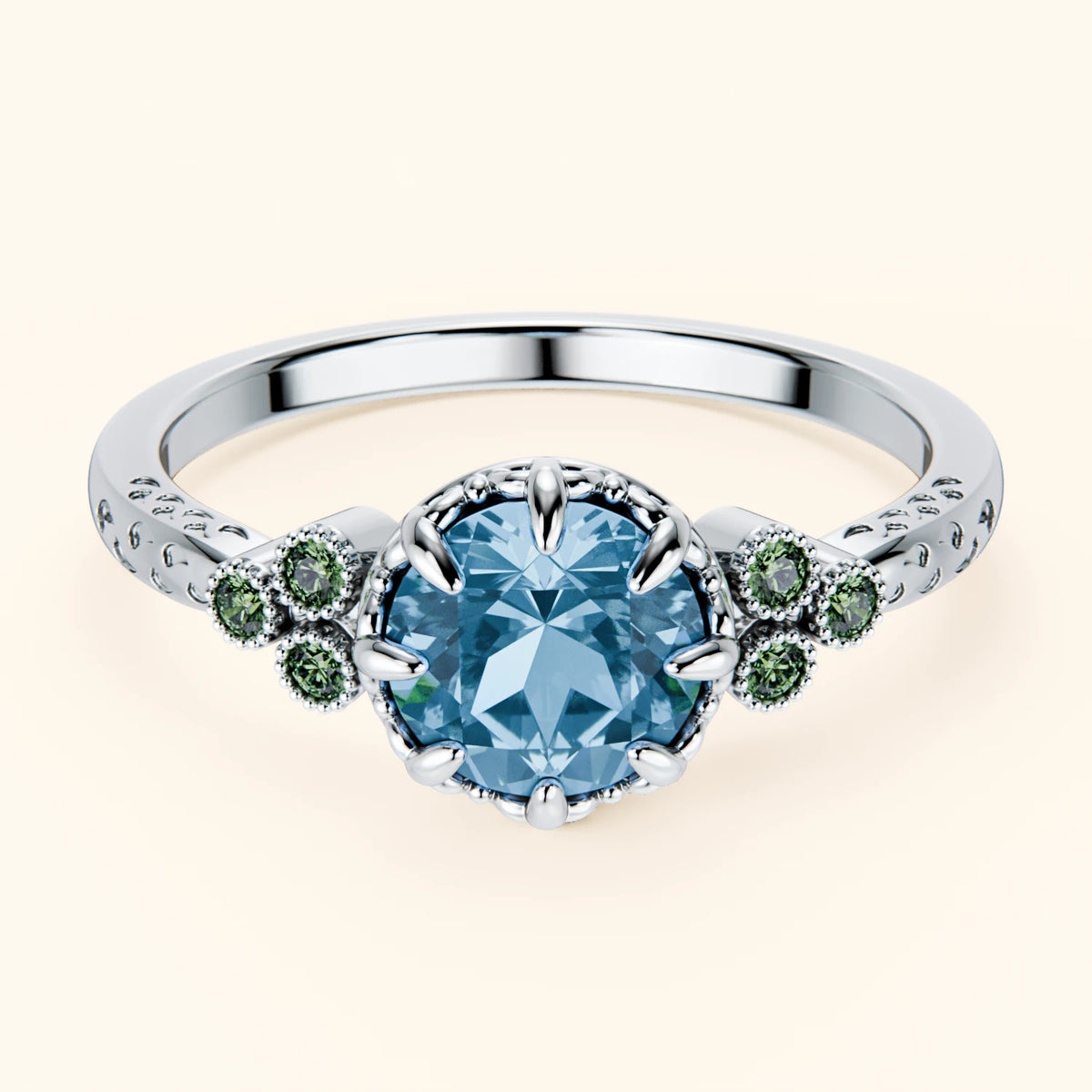 Engagement Ring Clarté - 0.85ct Swiss Blue Topaz with Lab Green Diamond Side Stones
