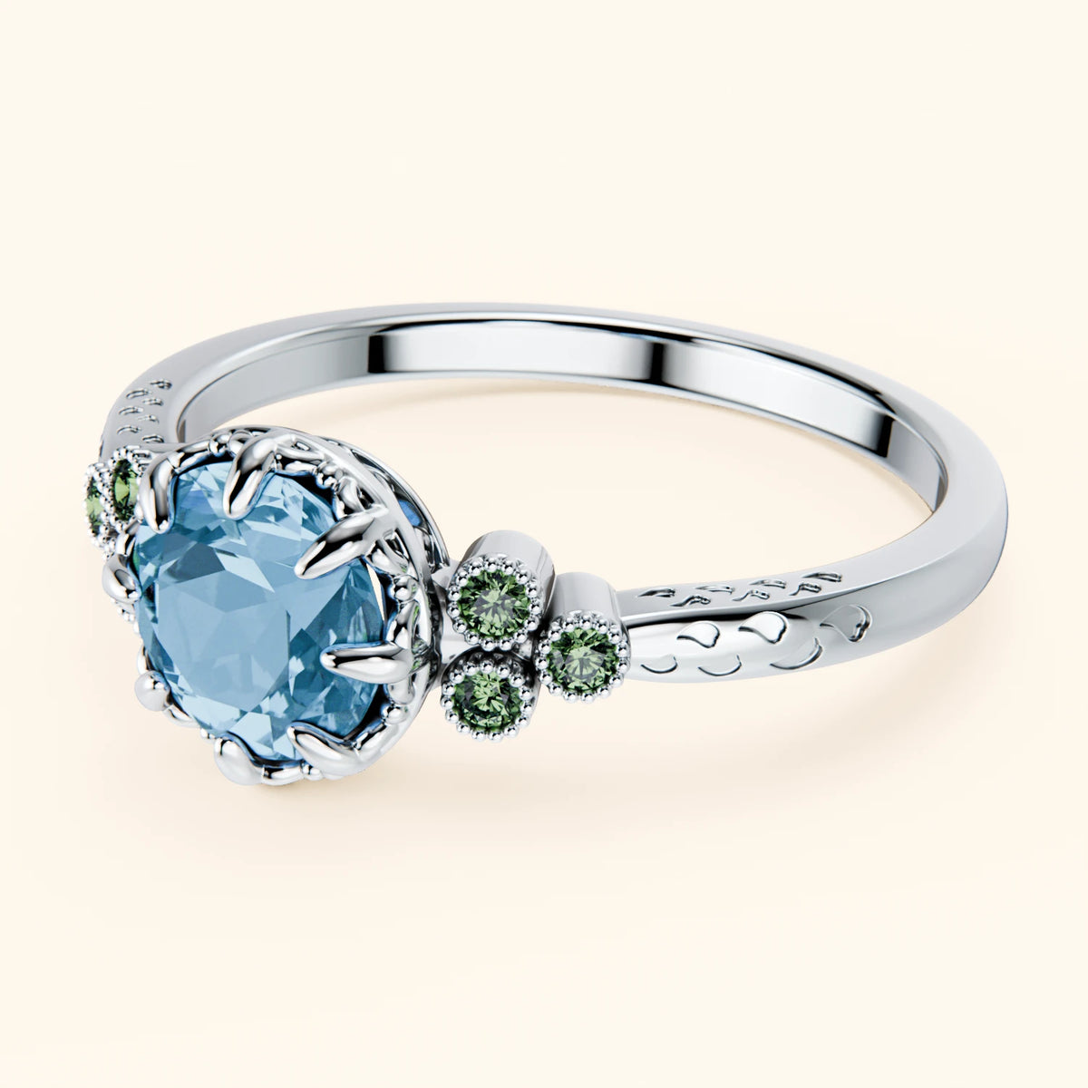 Engagement Ring Clarté - 0.85ct Swiss Blue Topaz with Lab Green Diamond Side Stones