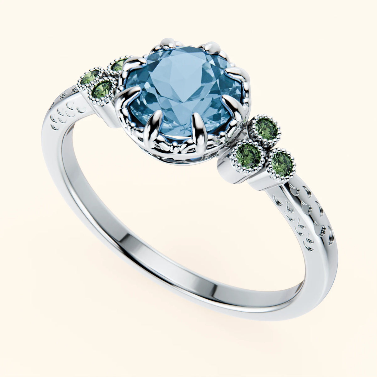 Engagement Ring Clarté - 0.85ct Swiss Blue Topaz with Lab Green Diamond Side Stones