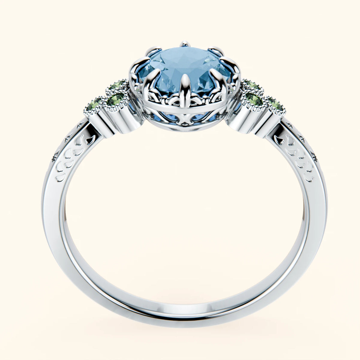 Engagement Ring Clarté - 0.85ct Swiss Blue Topaz with Lab Green Diamond Side Stones