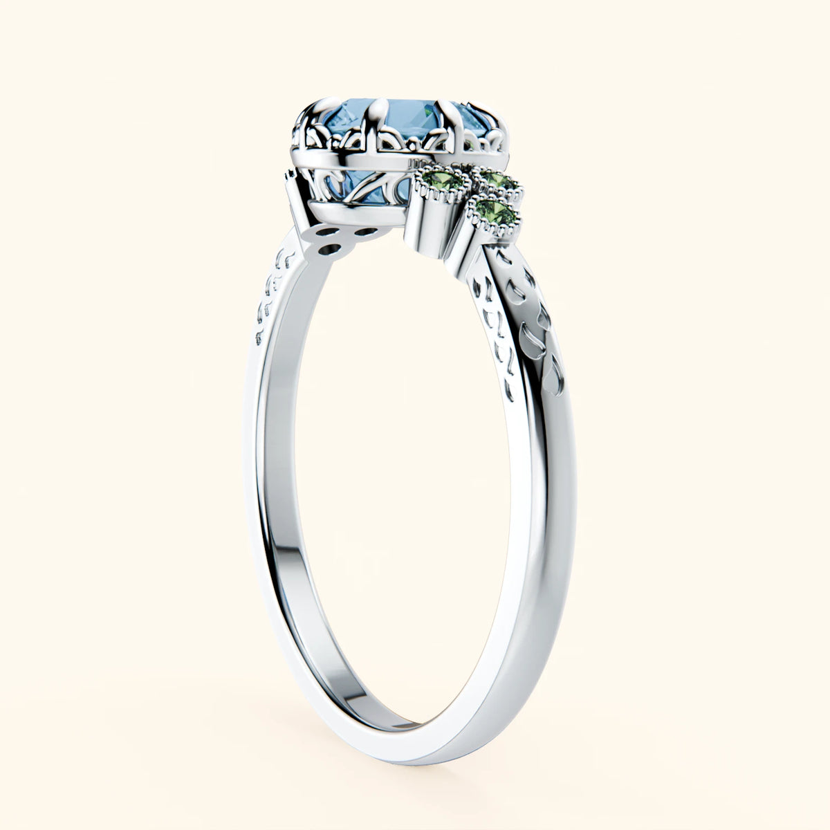 Engagement Ring Clarté - 0.85ct Swiss Blue Topaz with Lab Green Diamond Side Stones