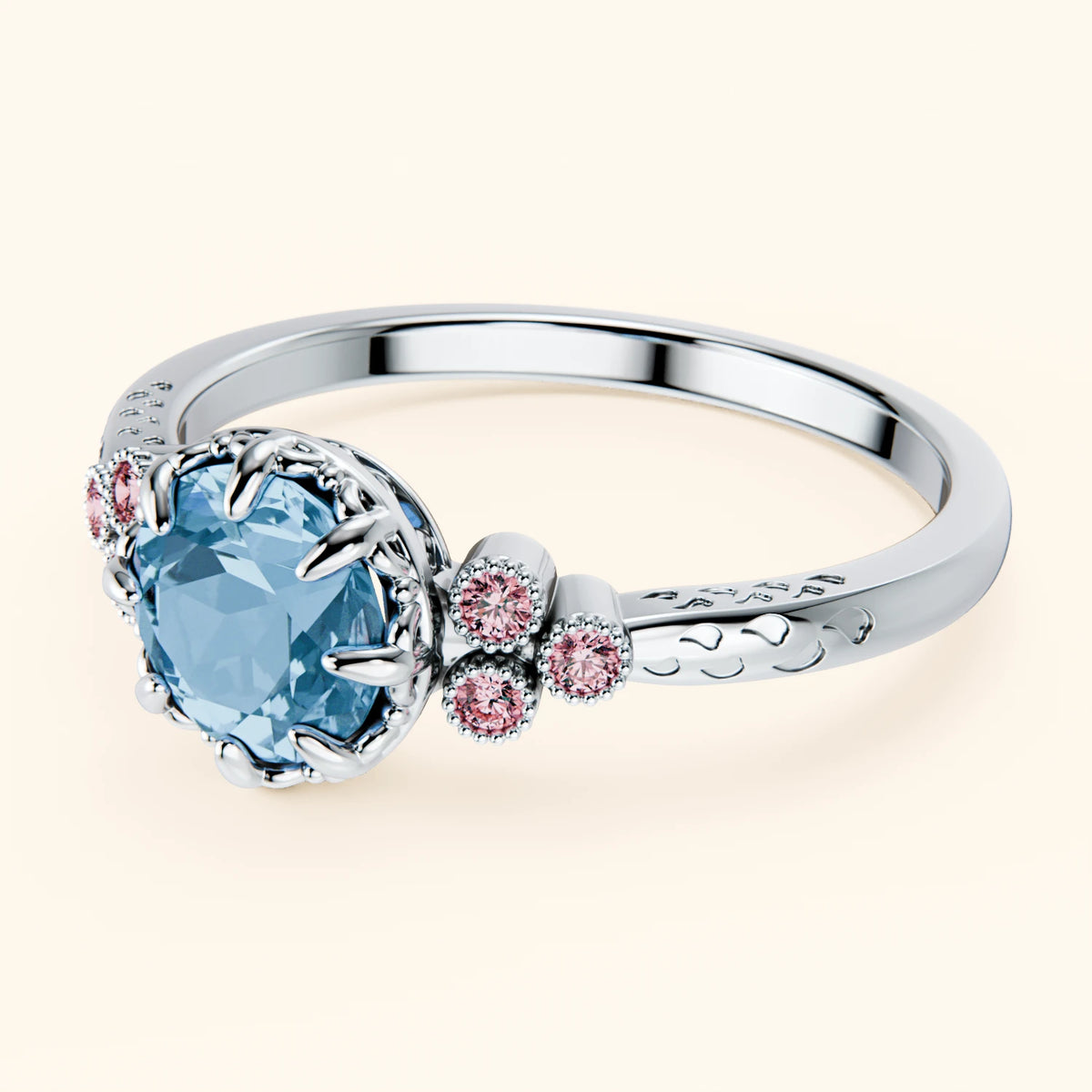 Engagement Ring Clarté - 0.85ct Swiss Blue Topaz with Lab Pink Diamond Side Stones