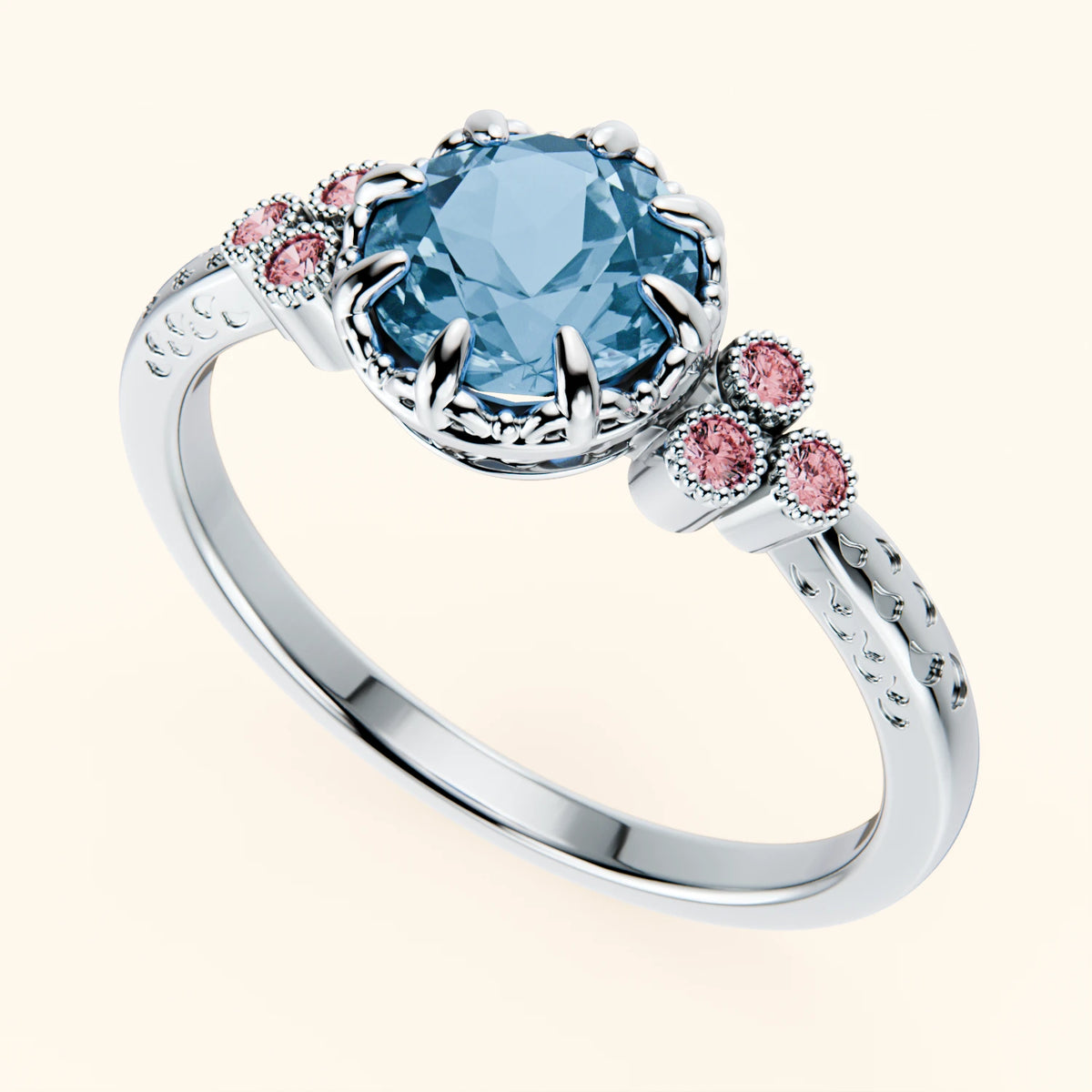 Engagement Ring Clarté - 0.85ct Swiss Blue Topaz with Lab Pink Diamond Side Stones