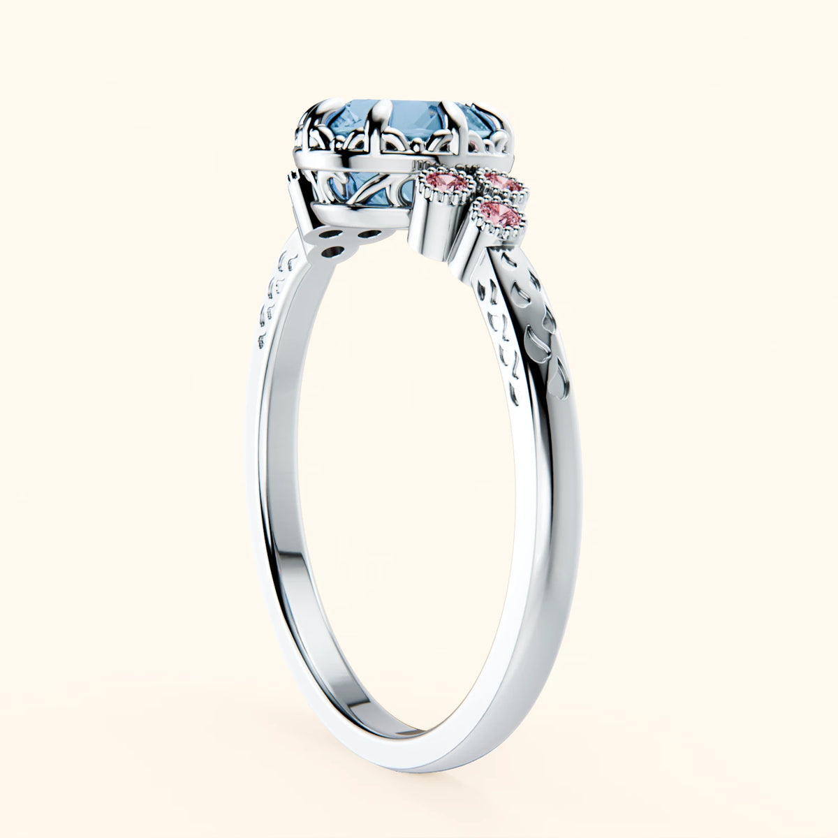 Engagement Ring Clarté - 0.85ct Swiss Blue Topaz with Lab Pink Diamond Side Stones