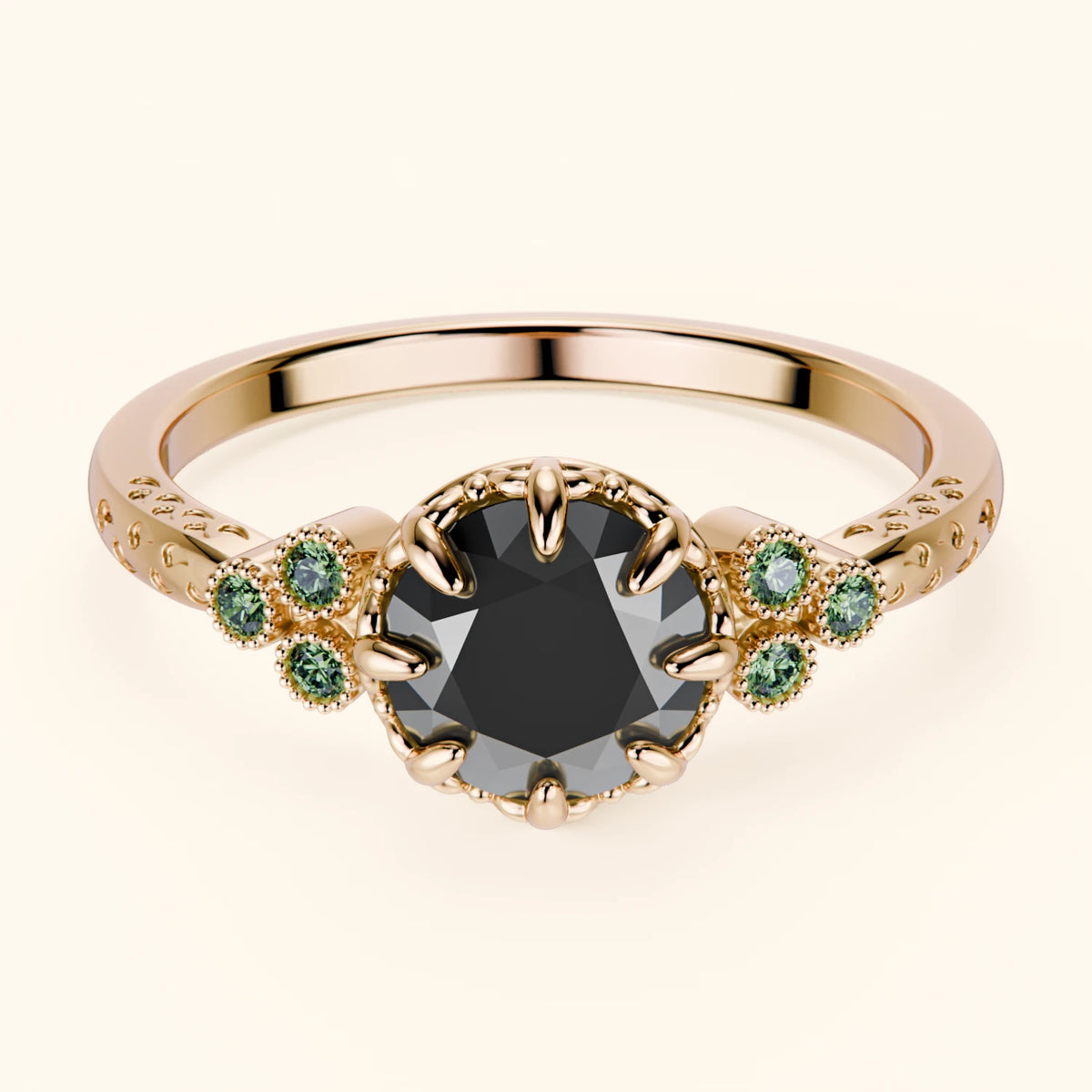 Engagement Ring Clarté - 1ct Black Diamond with Lab Green Diamond Side Stones