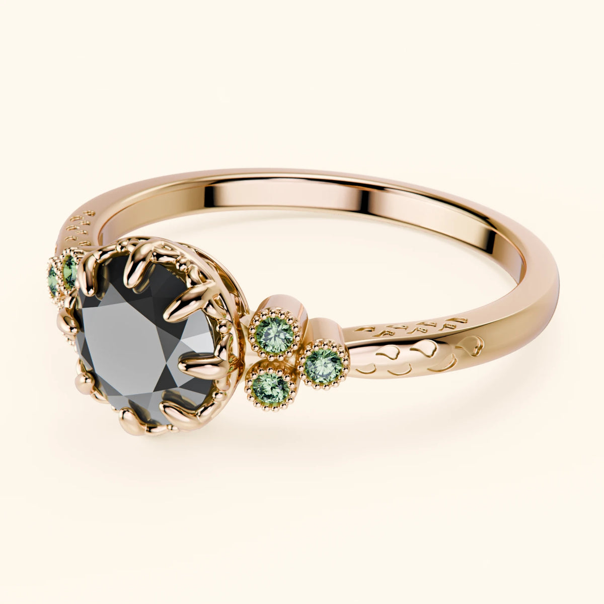 Engagement Ring Clarté - 1ct Black Diamond with Lab Green Diamond Side Stones