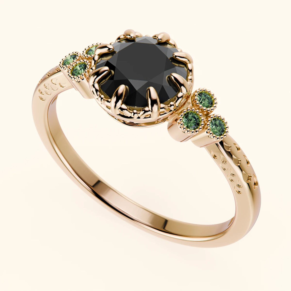 Engagement Ring Clarté - 1ct Black Diamond with Lab Green Diamond Side Stones