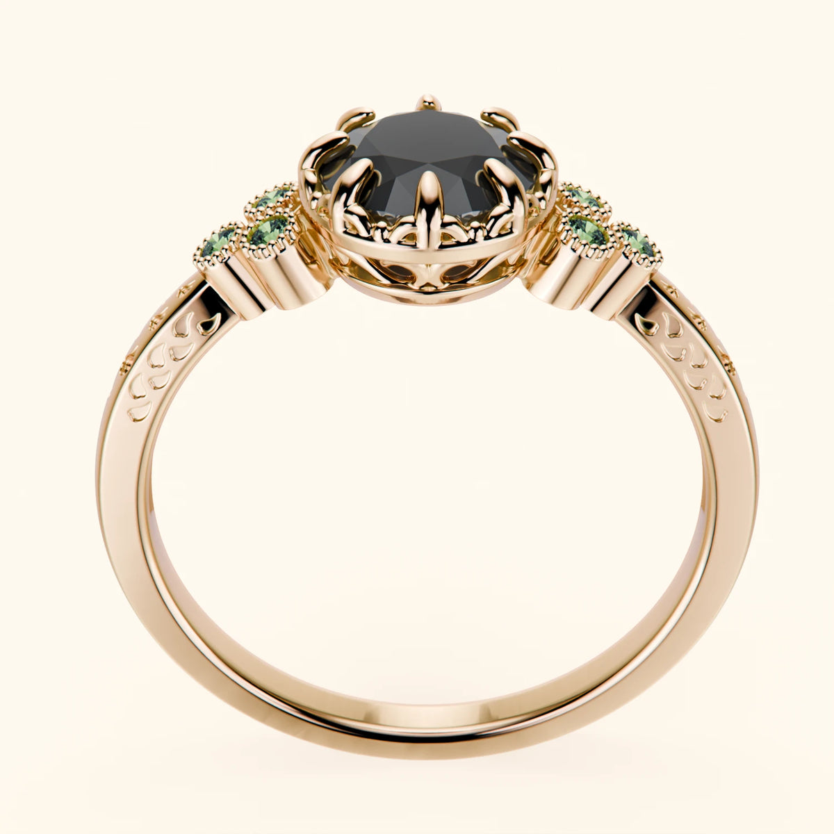 Engagement Ring Clarté - 1ct Black Diamond with Lab Green Diamond Side Stones