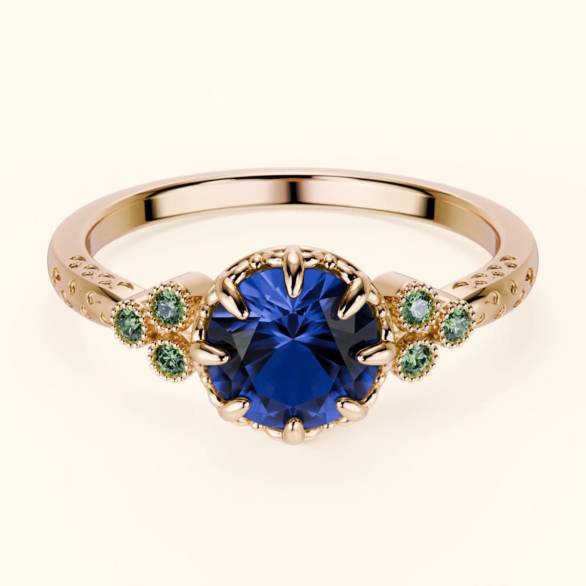 Engagement Ring Clarté - 1.10ct Natural Blue Sapphire with Lab Green Diamond Side Stones
