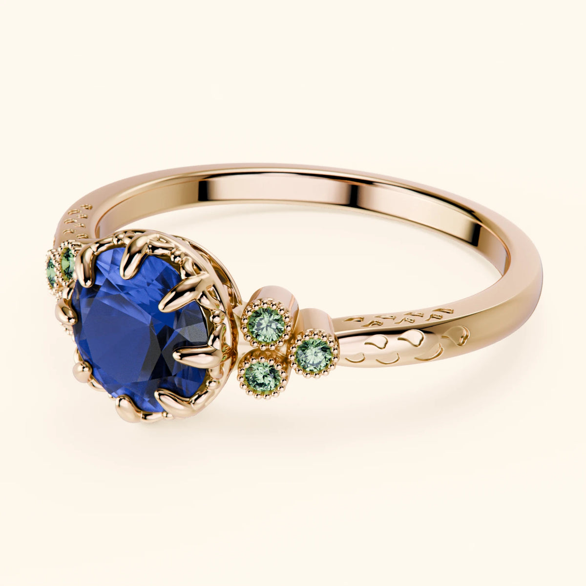 Engagement Ring Clarté - 1.10ct Natural Blue Sapphire with Lab Green Diamond Side Stones