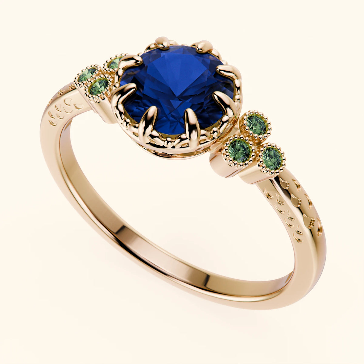 Engagement Ring Clarté - 1.10ct Natural Blue Sapphire with Lab Green Diamond Side Stones