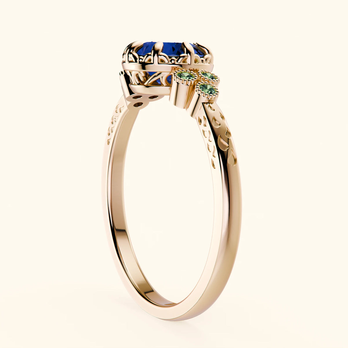 Engagement Ring Clarté - 1.10ct Natural Blue Sapphire with Lab Green Diamond Side Stones