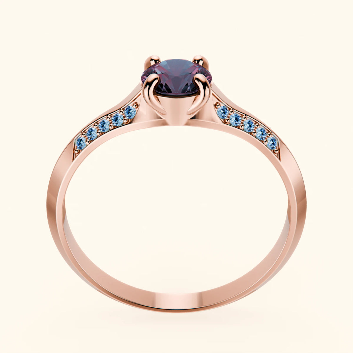 Pierścionek zaręczynowy Délié – Aleksandryt laboratoryjny 0,55 ct, kamienie boczne: niebieski diament laboratoryjny