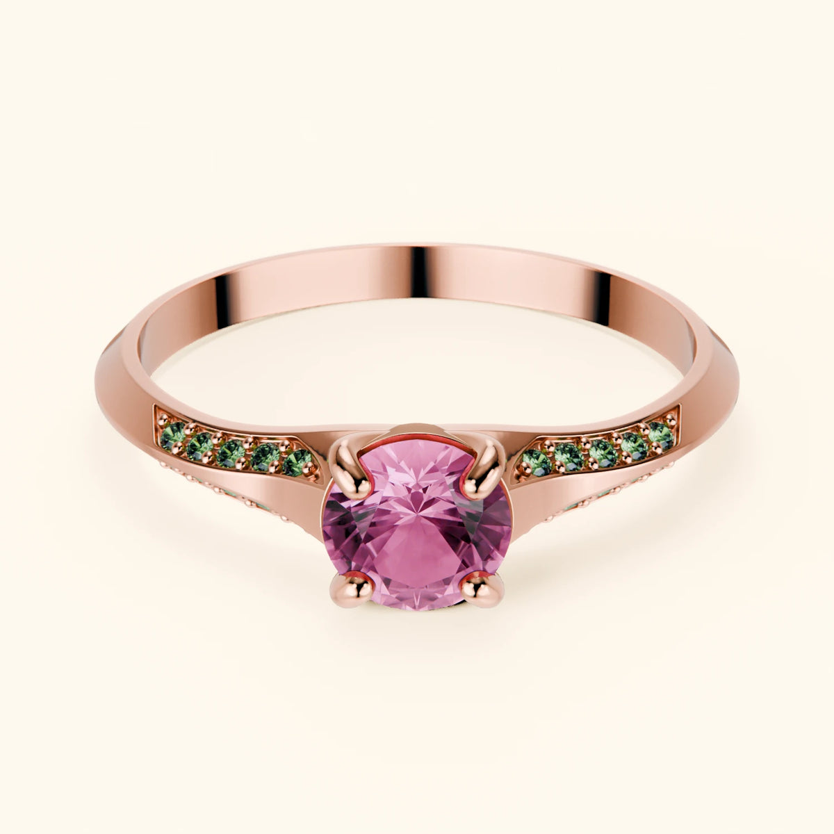 Engagement Ring Délié - 0.60ct Natural Pink Sapphire with Lab Green Diamond Side Stones