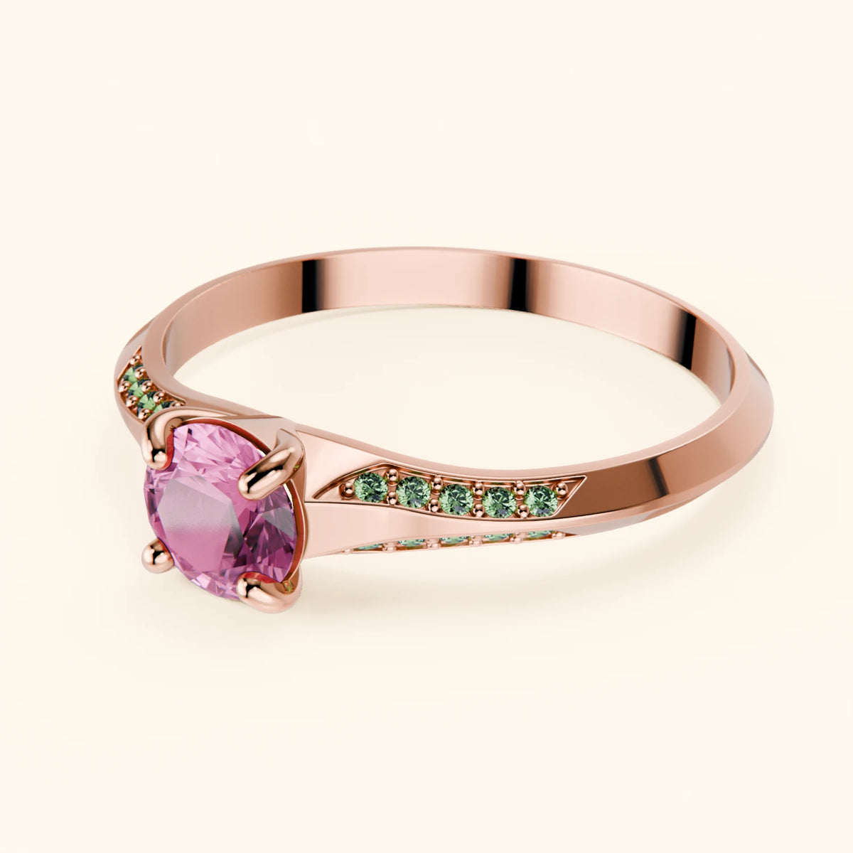 Engagement Ring Délié - 0.60ct Natural Pink Sapphire with Lab Green Diamond Side Stones