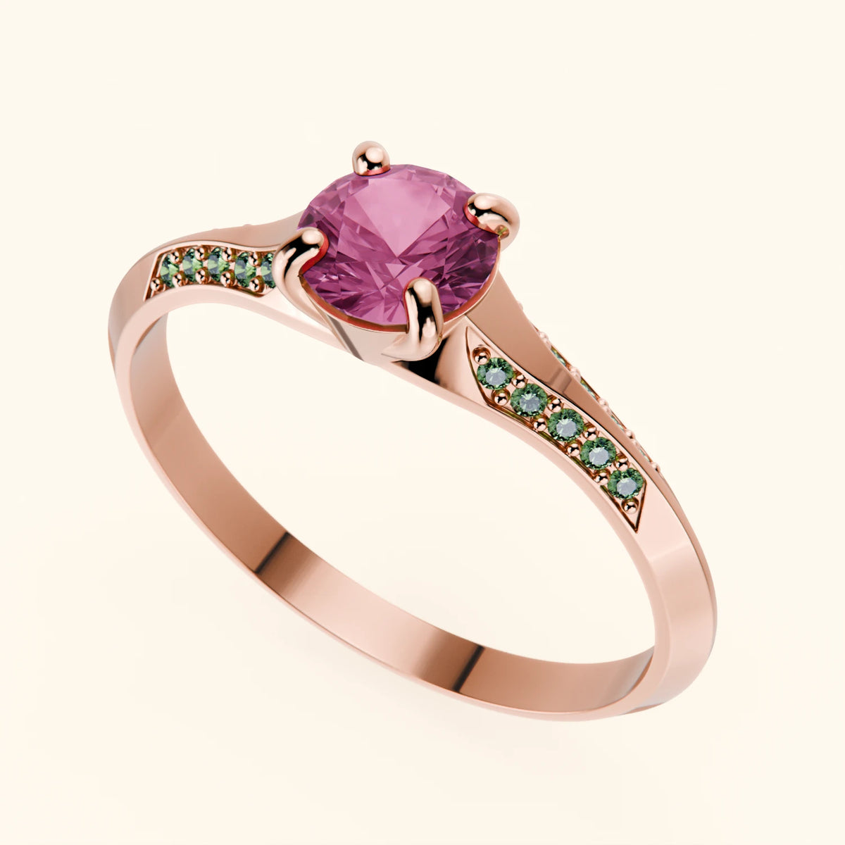 Engagement Ring Délié - 0.60ct Natural Pink Sapphire with Lab Green Diamond Side Stones