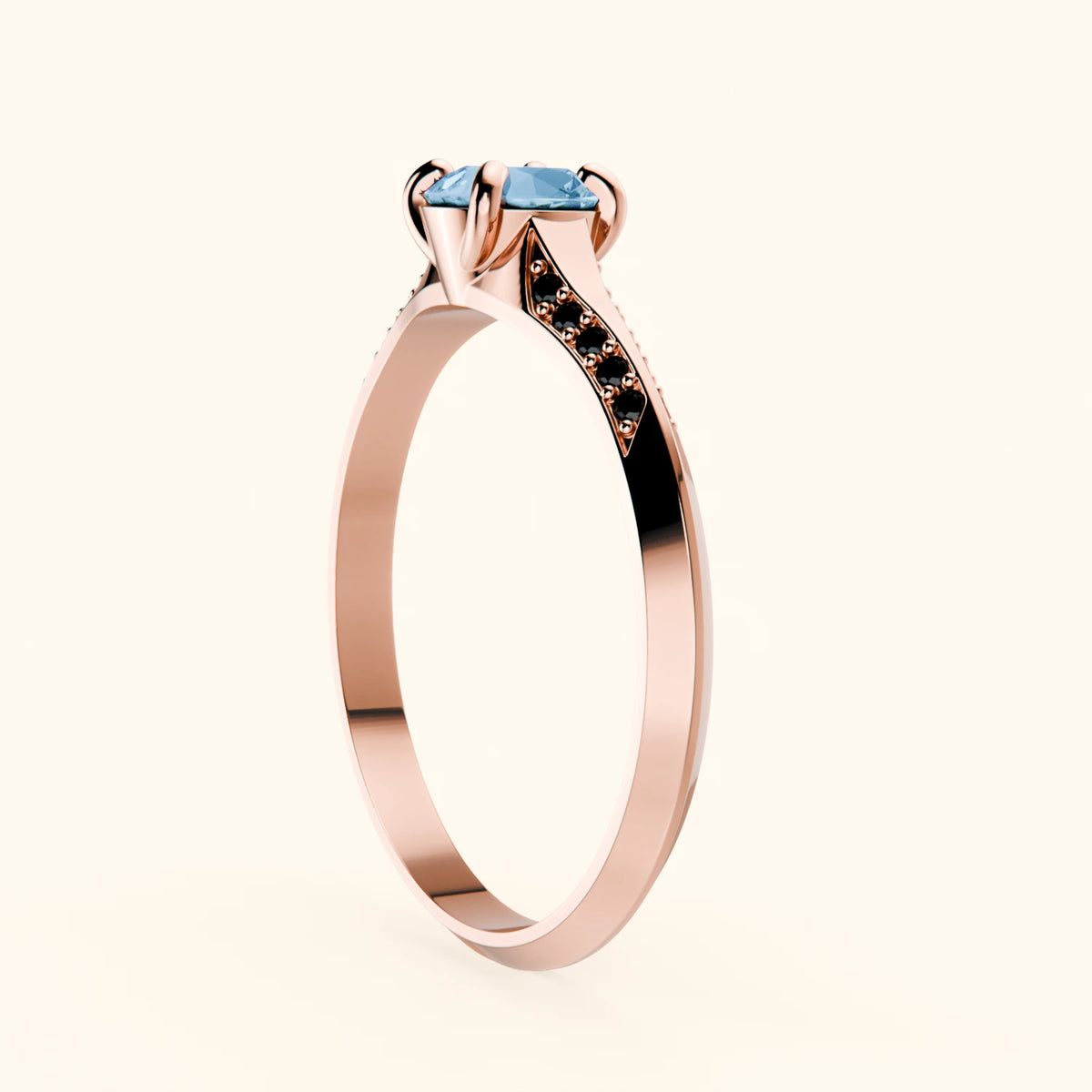 Pierścionek zaręczynowy Délié – Topaz Swiss Blue 0,50 ct, kamienie boczne: czarny diament