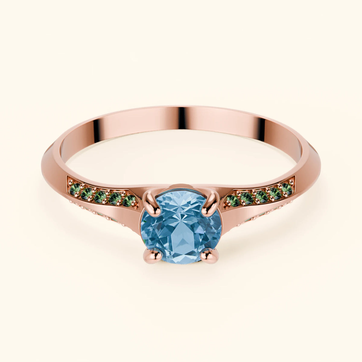 Engagement Ring Délié - 0.50ct Swiss Blue Topaz with Lab Green Diamond Side Stones