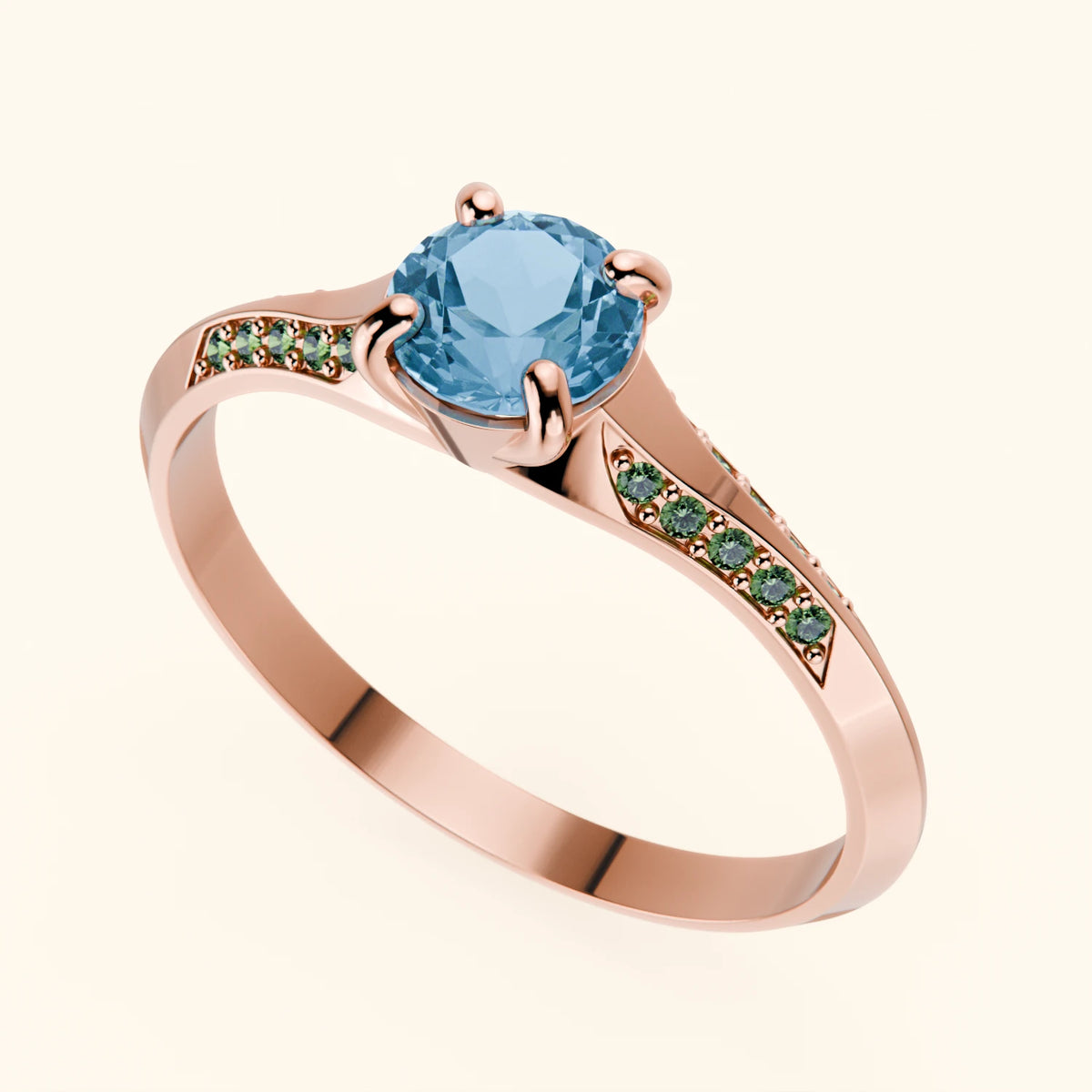 Engagement Ring Délié - 0.50ct Swiss Blue Topaz with Lab Green Diamond Side Stones