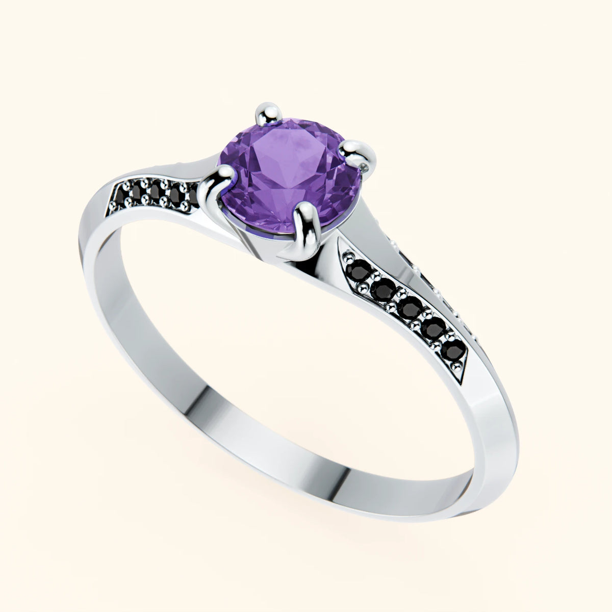 Pierścionek zaręczynowy Délié – Ametyst 0,38 ct, kamienie boczne: czarny diament