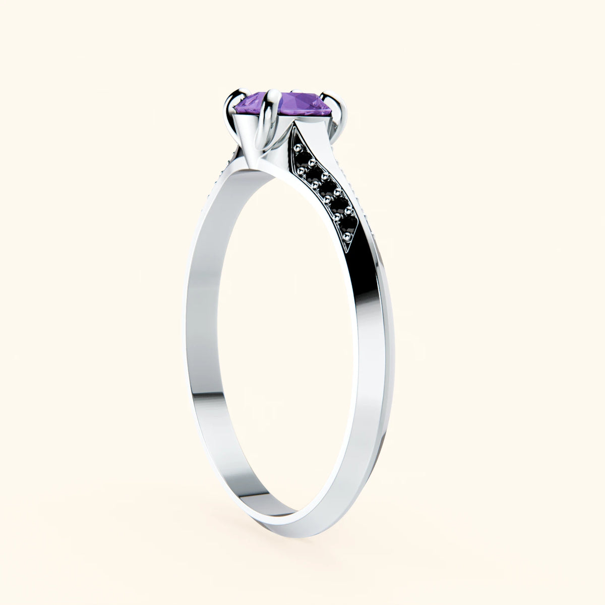 Pierścionek zaręczynowy Délié – Ametyst 0,38 ct, kamienie boczne: czarny diament