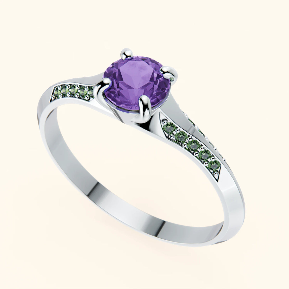 Engagement Ring Délié - 0.38ct Amethyst with Lab Green Diamond Side Stones