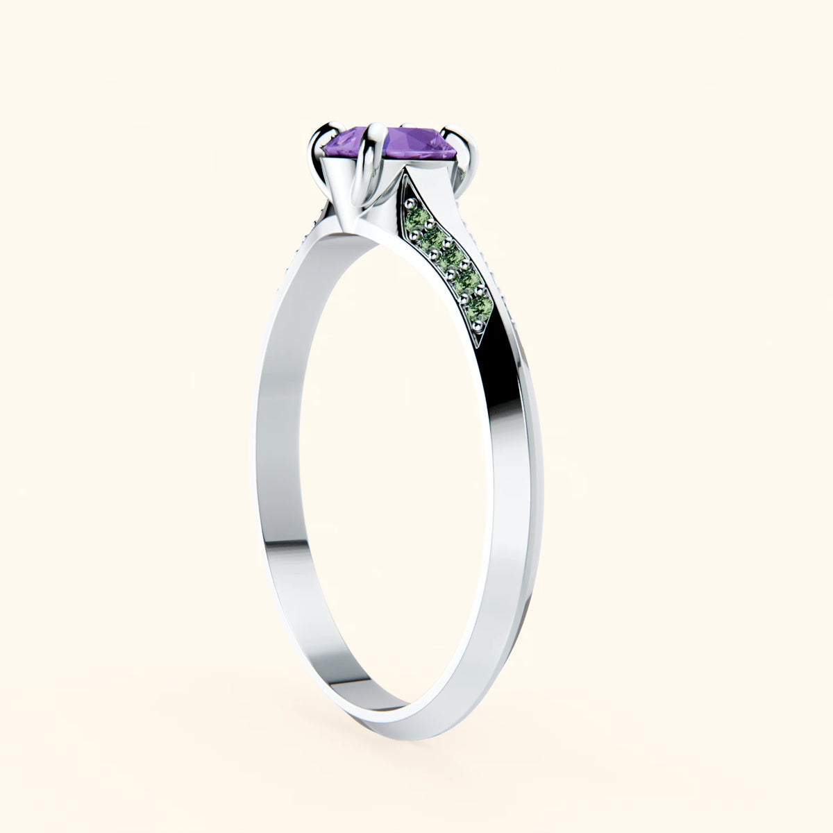 Engagement Ring Délié - 0.38ct Amethyst with Lab Green Diamond Side Stones