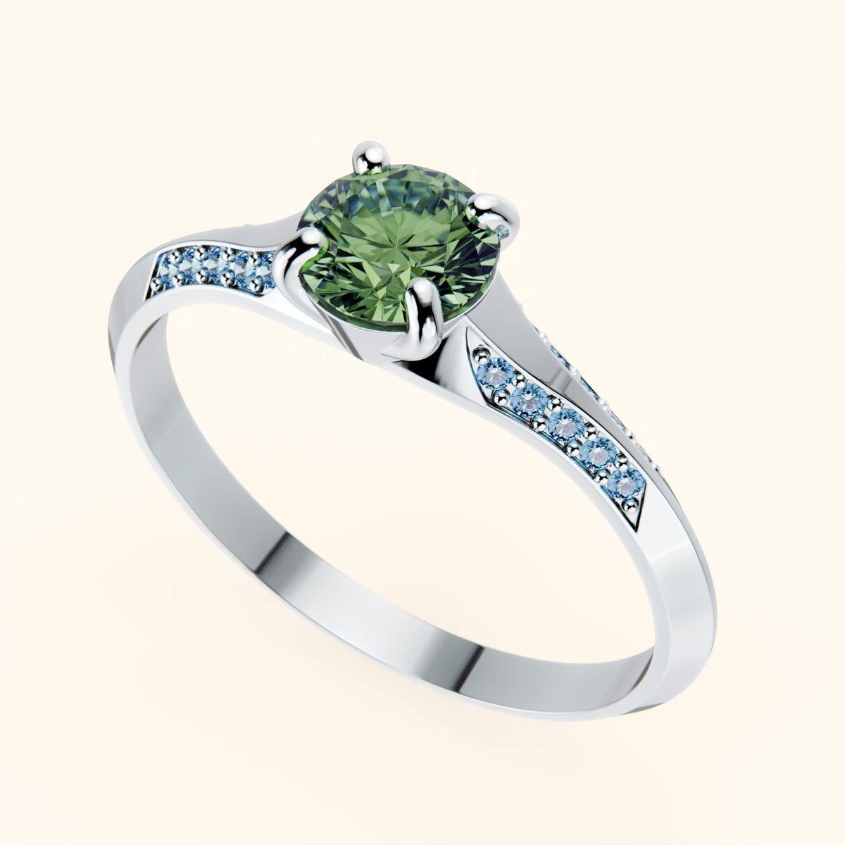 Engagement Ring Délié - 0.5ct Lab Green Diamond with Lab Blue Diamond Side Stones