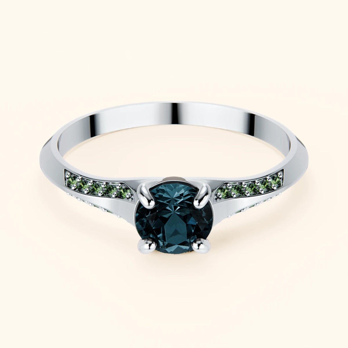 Pierścionek zaręczynowy Délié – Topaz London Blue 0,50 ct, kamienie boczne: zielony diament laboratoryjny