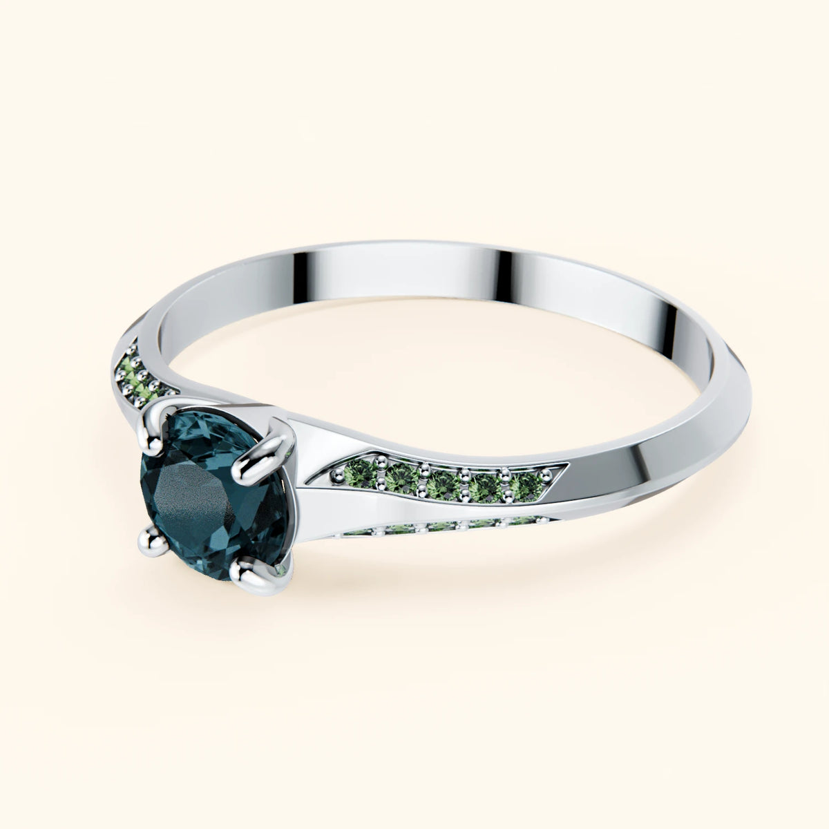 Pierścionek zaręczynowy Délié – Topaz London Blue 0,50 ct, kamienie boczne: zielony diament laboratoryjny