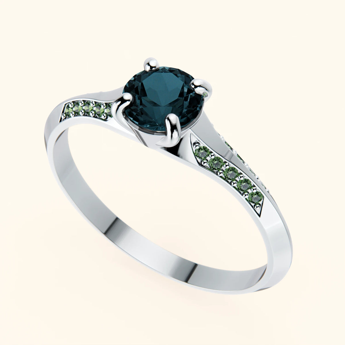 Pierścionek zaręczynowy Délié – Topaz London Blue 0,50 ct, kamienie boczne: zielony diament laboratoryjny
