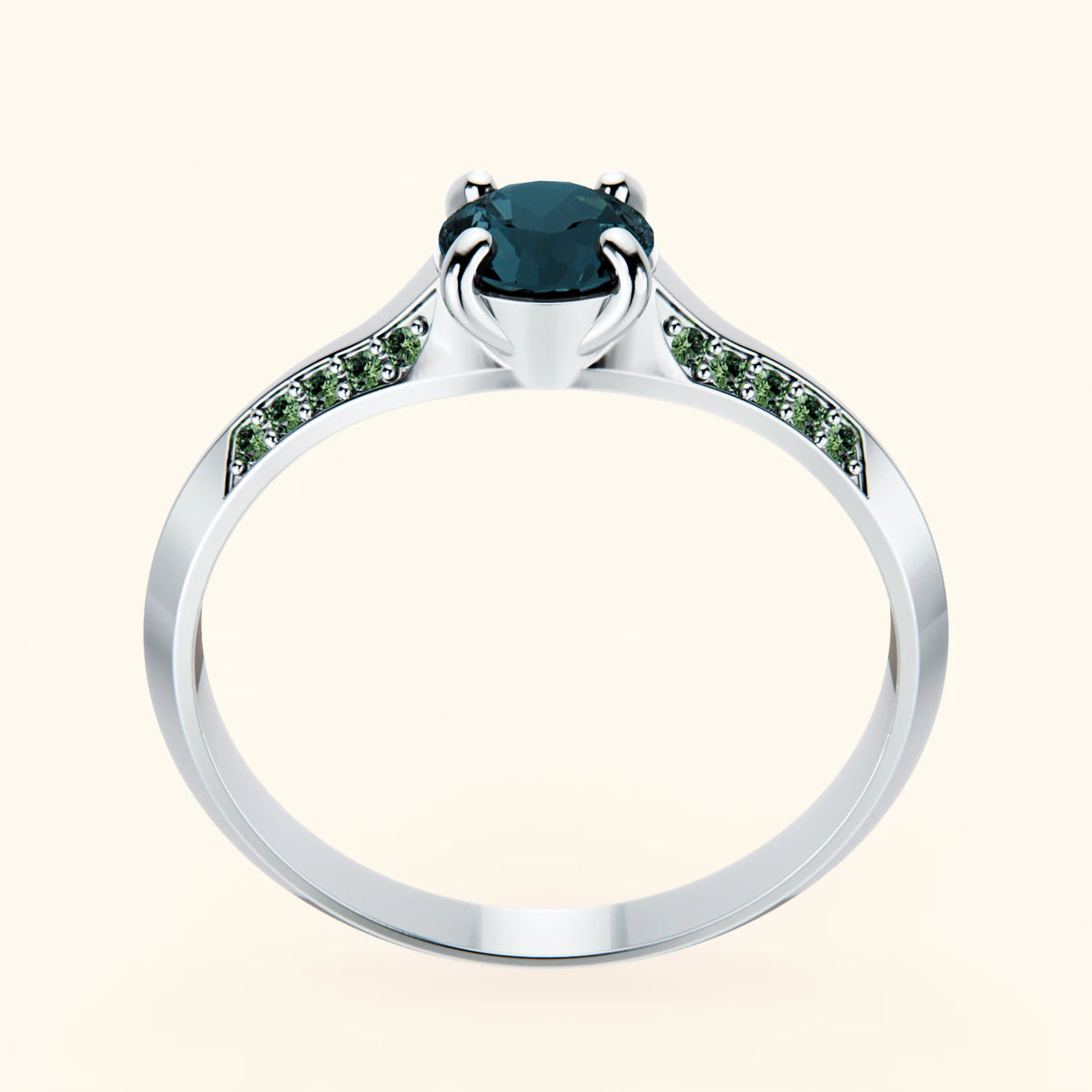 Pierścionek zaręczynowy Délié – Topaz London Blue 0,50 ct, kamienie boczne: zielony diament laboratoryjny